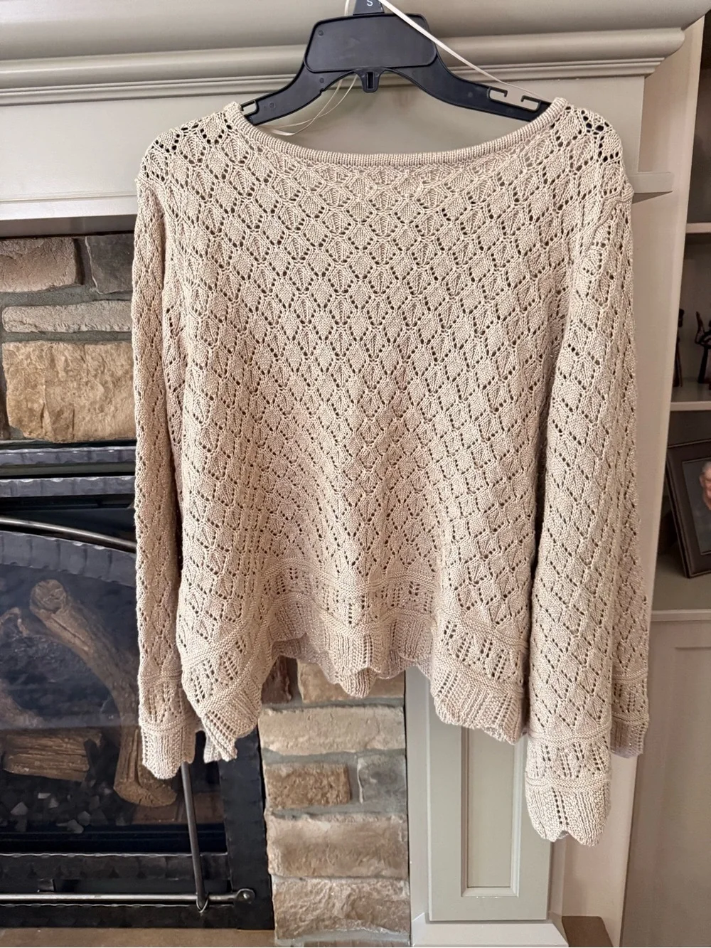 LC Lauren Conrad 3X Beige Open Knit Pointelle Sweater Metallic Scallop Hem NWT